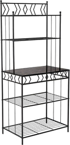 Kings Brand Furniture - 5-Tier Standing Kitchen Bakers Rack for with Storage Microwave Stand, Metal Frame with Marble Finish - Black