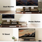 Fenge Dual Monitor Stand for Desk - Long Wooden Riser With Rattan Woven Drawer, 2 Tier Desk Shelf for 2 Monitors, Vintage Computer Stand for Laptop, Printer, TV