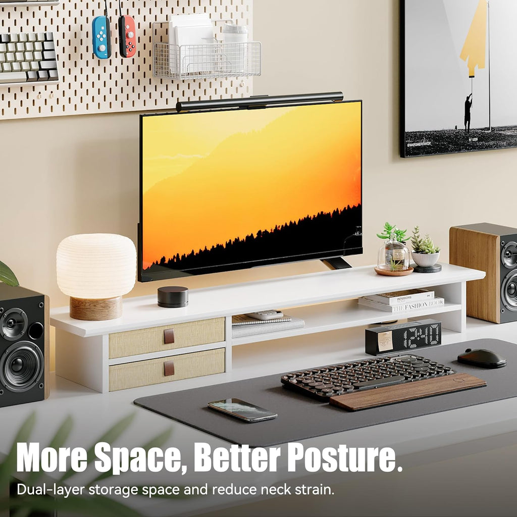 Dual‑Tier Monitor Stand Riser with Drawers, Desktop Organizer Shelf Storage for Computer Screen 2 Monitors, Supports for PC Computer Monitor, Printer, Heavy TV Riser White