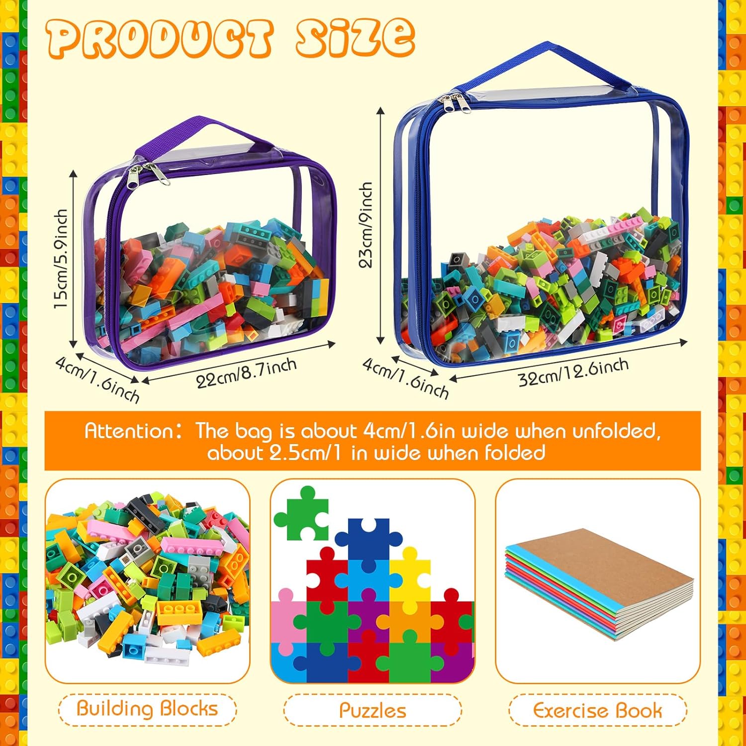 Sanwuta 6 Packs Toy Storage Bags, PVC Organizing Case Bags with Zipper, Waterproof Toy Container for Board Games, Building Blocks, Puzzles, Small Toys and Kids Books(Large, Small,Bright Color)