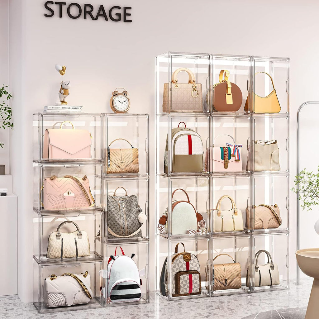 3 Packs Clear Handbag Storage Organizer for Closet, Acrylic Display Case for Purse Handbag, Stackable Purse Organizer Storage Box with Magnetic Lids for Wallet Book Collectibles