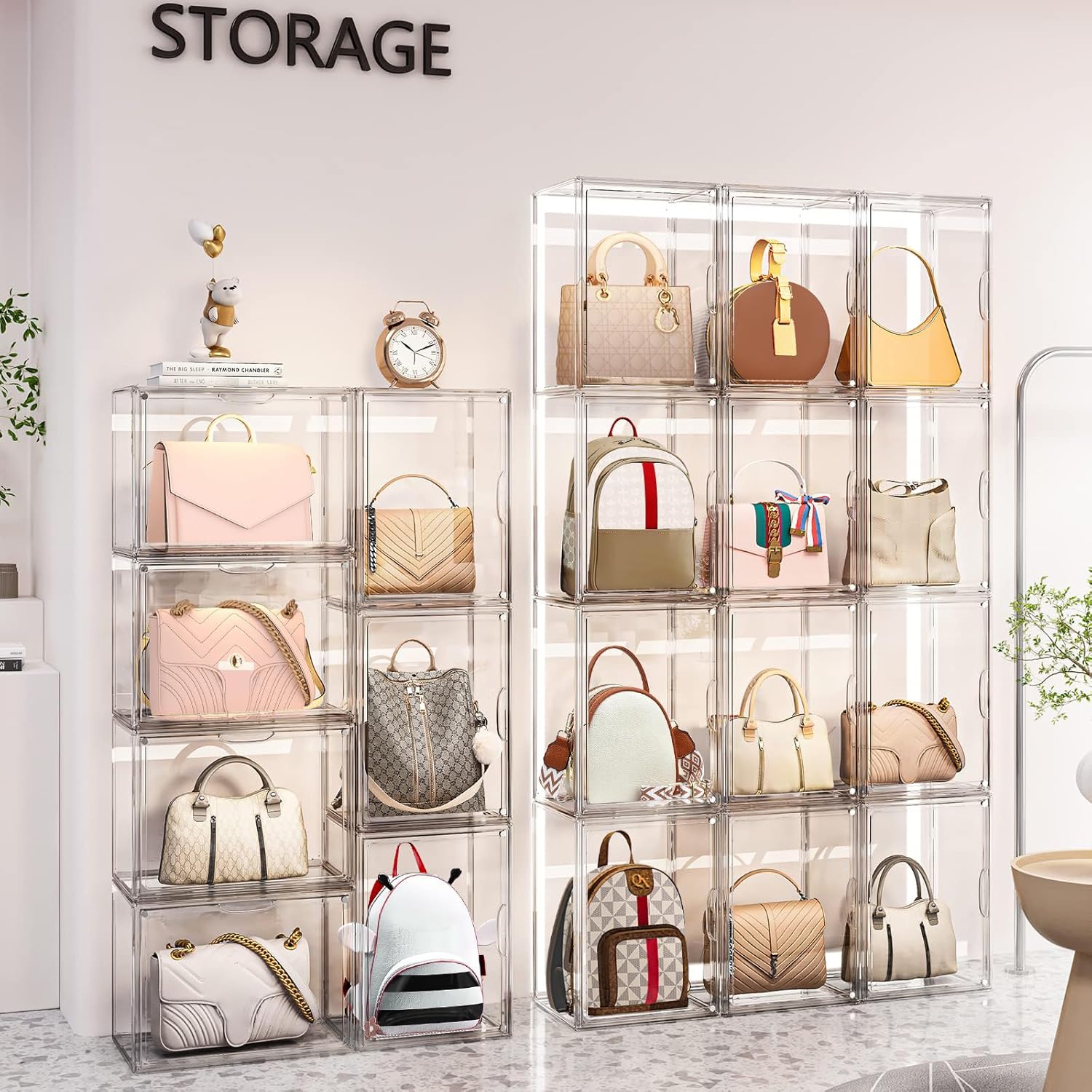 3 Packs Clear Handbag Storage Organizer for Closet, Acrylic Display Case for Purse Handbag, Stackable Purse Organizer Storage Box with Magnetic Lids for Wallet Book Collectibles