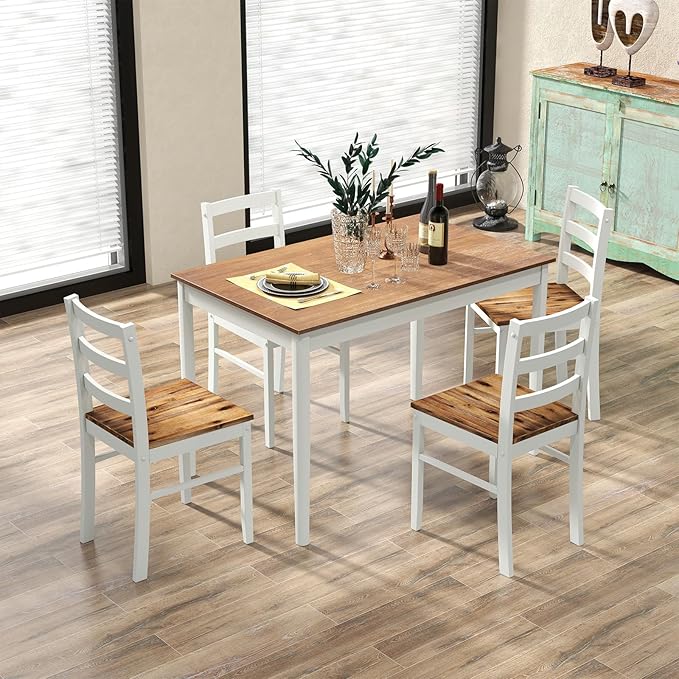 COSTWAY Dining Table Set for 4, Wood Kitchen Table Chairs Set with Rubber Wood Legs, Space-Saving Design, Modern 5-Piece Dinette Set for Small Place, Kitchen, Dining Room, Restaurant, Brown