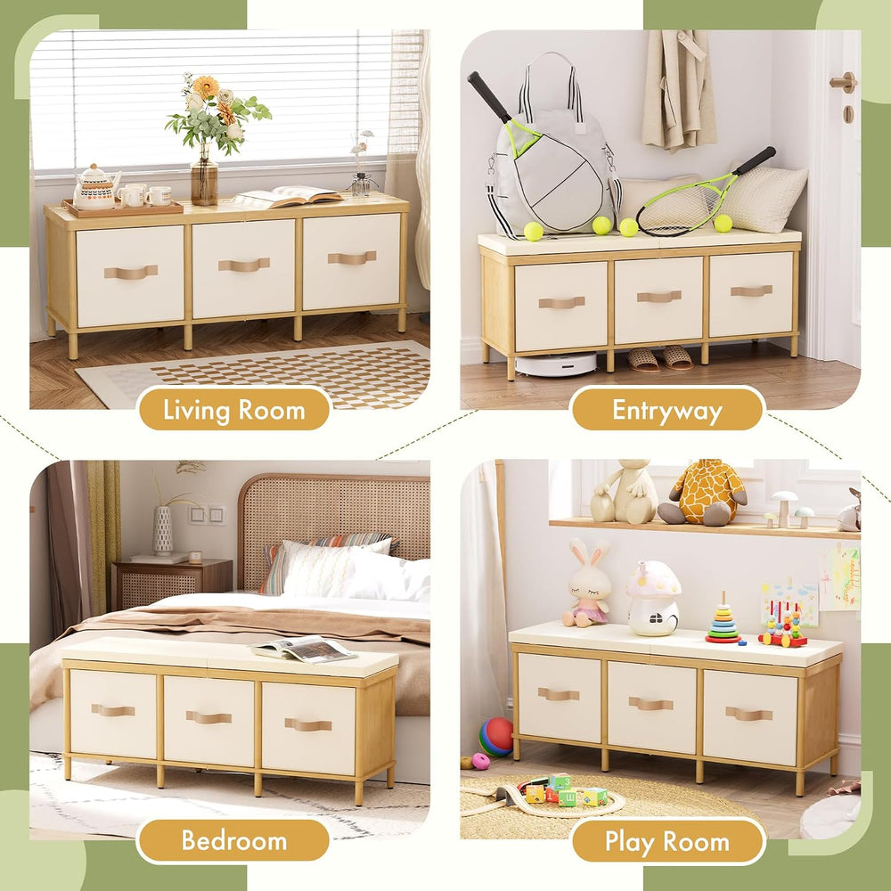 Shoe Bench, 43.3" Storage Bench, Entryway Bench with Cushion Seat | Natu...