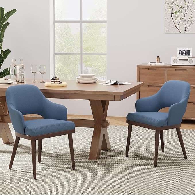 Wooden Dining Chairs Set of 2, Modern Fabric Upholstered Dining Room Chair, Kitchen Side Chairs, Farmhouse Dinner Chair with Open Back for Kitchen, Blue