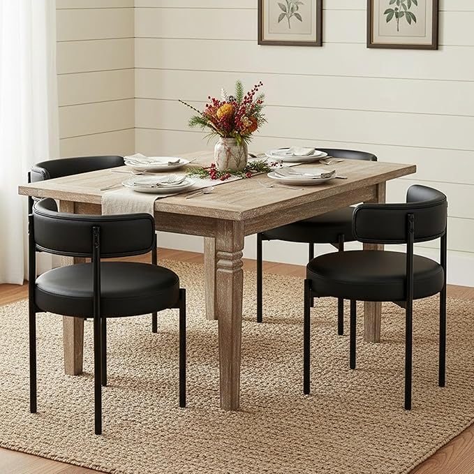 Faux Leather Dining Chairs Set of 2, Upholstered Kitchen and Dining Room Chairs, Mid-Century Modern Dining Chairs with Round Back and Black Metal Legs, Vegan Leather, Black