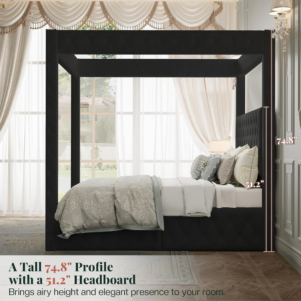 Jocisland King Canopy Bed Frame Velvet Upholstered Headboard, Black