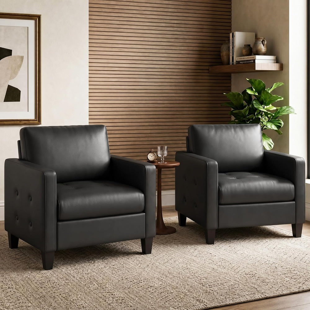 STHOUYN Black Accent Chairs Set of 2, Faux Leather Chair, Mid-Century Modern ...