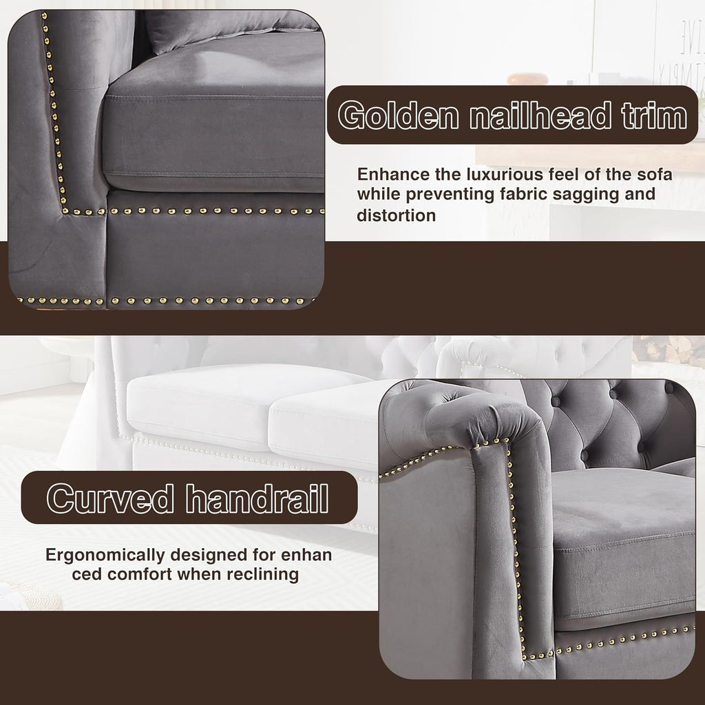 Harper & Bright Designs 62" Chesterfield Sofa Velvet Two-Seater, Modern Classic Rolled Arm Button Tufted Sofa with Nailhead Decor, Cloud Couch Loveseat for Living Room, Apartment (Grey)