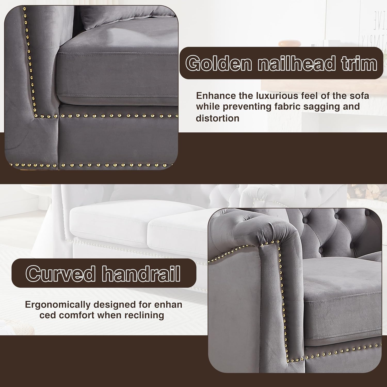 Harper & Bright Designs 62" Chesterfield Sofa Velvet Two-Seater, Modern Classic Rolled Arm Button Tufted Sofa with Nailhead Decor, Cloud Couch Loveseat for Living Room, Apartment (Grey)