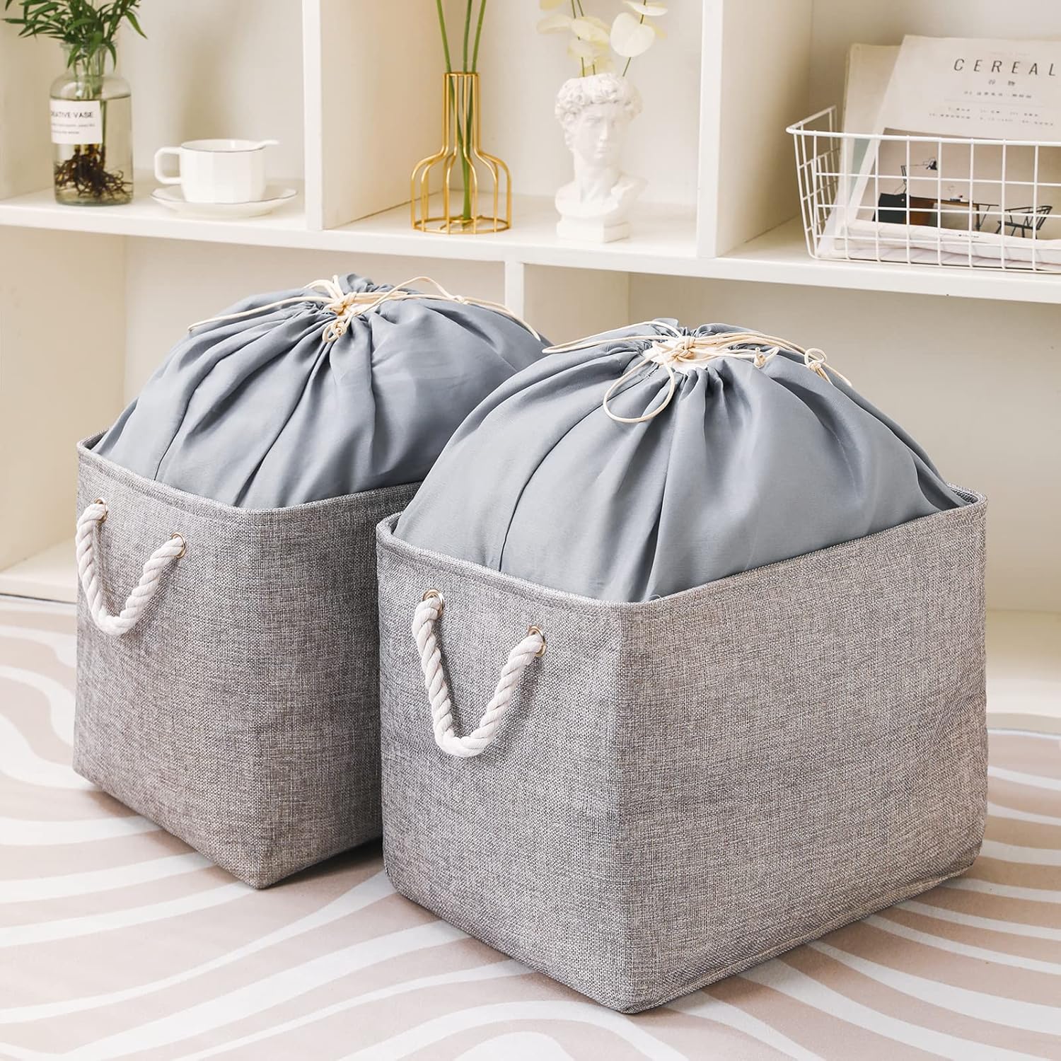combocube 16 x 12 x 12 Inch Fabric Storage Bins for Shelves, Linen Storage Organizer Storage Basket with Ropes for Laundry, Home, Closet, Office, Clothes, Toys Organizer