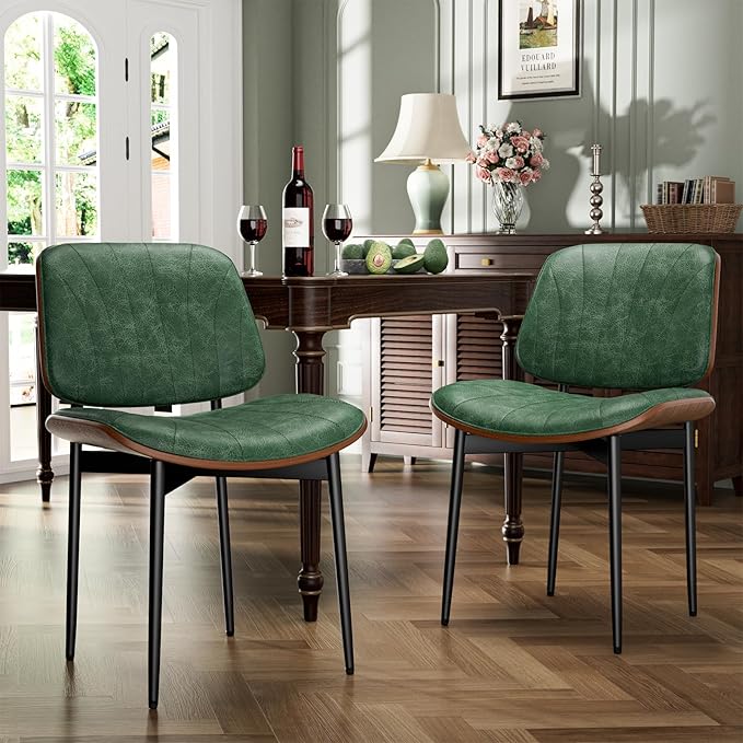 Dining Chairs Set of 4, Dining Room and Kitchen Chairs, Mid Century Modern Accent Chair, Upholstered PU Leather Chairs for Vanity with Walnut Bentwood and Metal Legs, Green