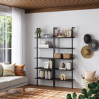 Nathan James Theo 5-Shelf Wood Modern Bookcase, Open Wall Mount Ladder Bookshelf with Industrial Metal Frame, Walnut Brown/Black, Set of 2