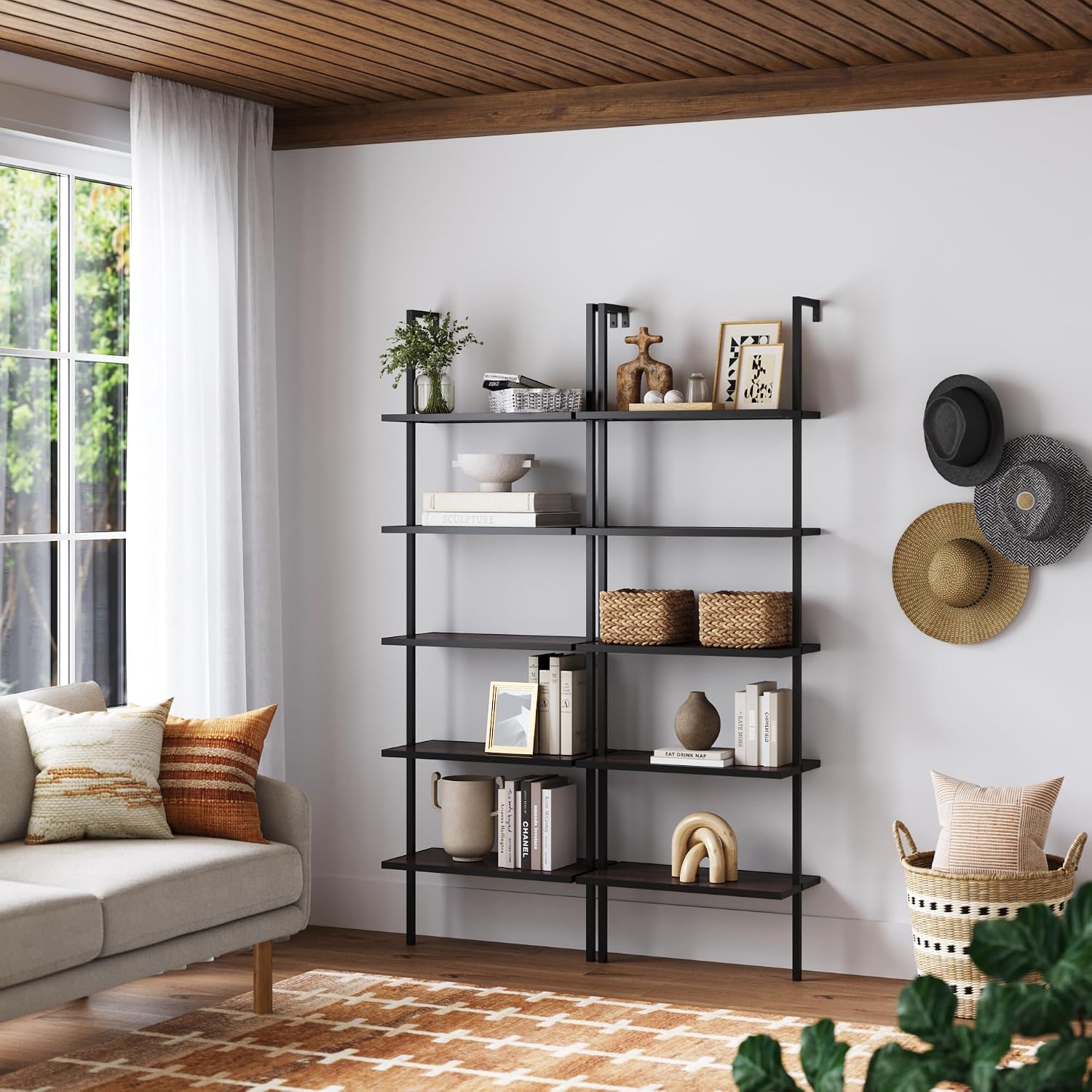 Nathan James Theo 5-Shelf Wood Modern Bookcase, Open Wall Mount Ladder Bookshelf with Industrial Metal Frame, Walnut Brown/Black, Set of 2