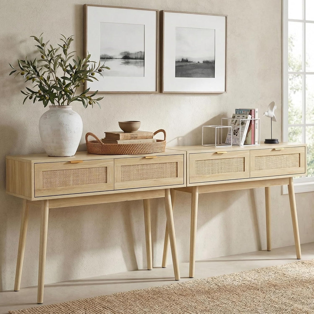 HOPUBUY Console Table Rattan Desk with Drawers,Narrow Sofa | Pine Leg, Modern...