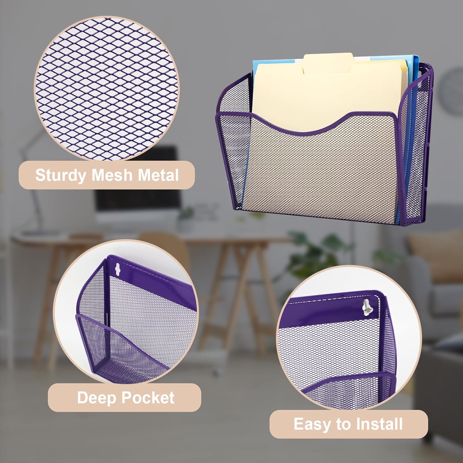 EASEPRES 3 Single Pocket Mesh Hanging File Organizer, Vertical Wall Mounted Magazine File Holder, Mount Basket Mail Paper Document Folder Organizing for Office, Home and School, Purple