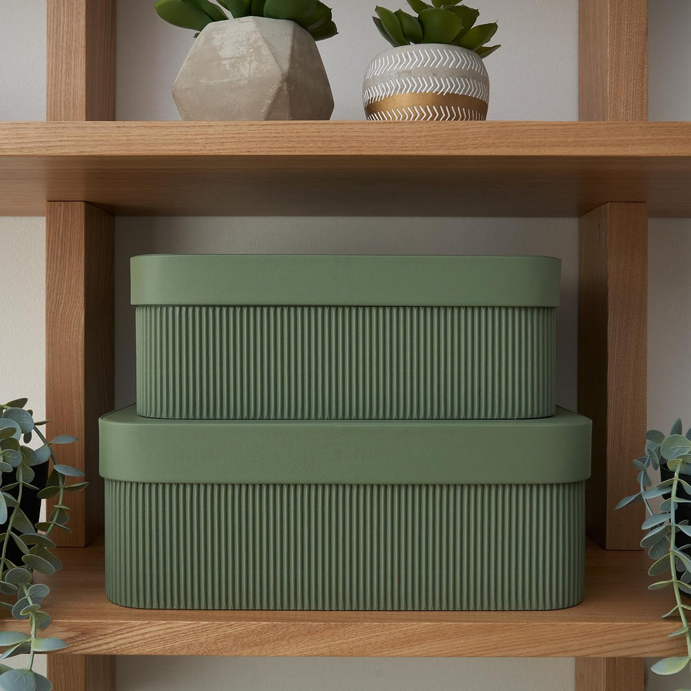 Decorative Storage Boxes with Lids - Set of 2 Fluted Photo Organizer Bins
