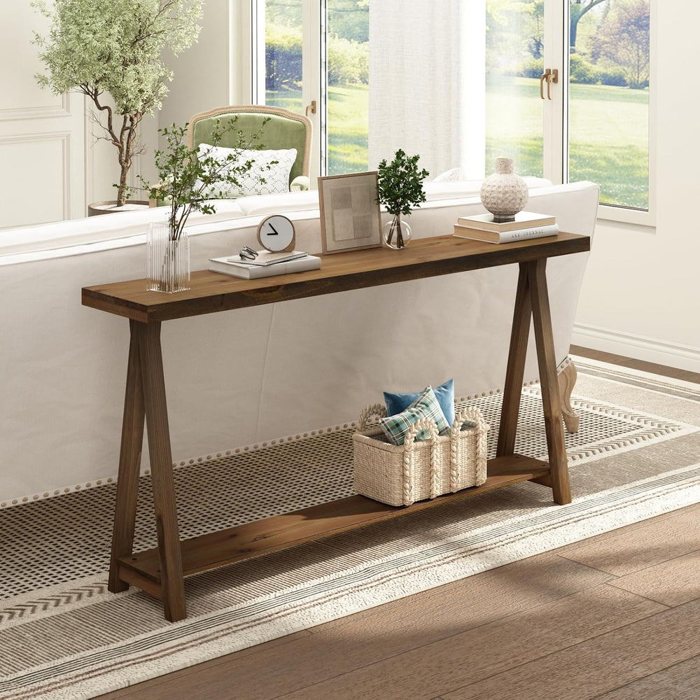 Farmhouse Console Tables for Living Room, 63" Solid Wood 2-Tier Sofa Tab...