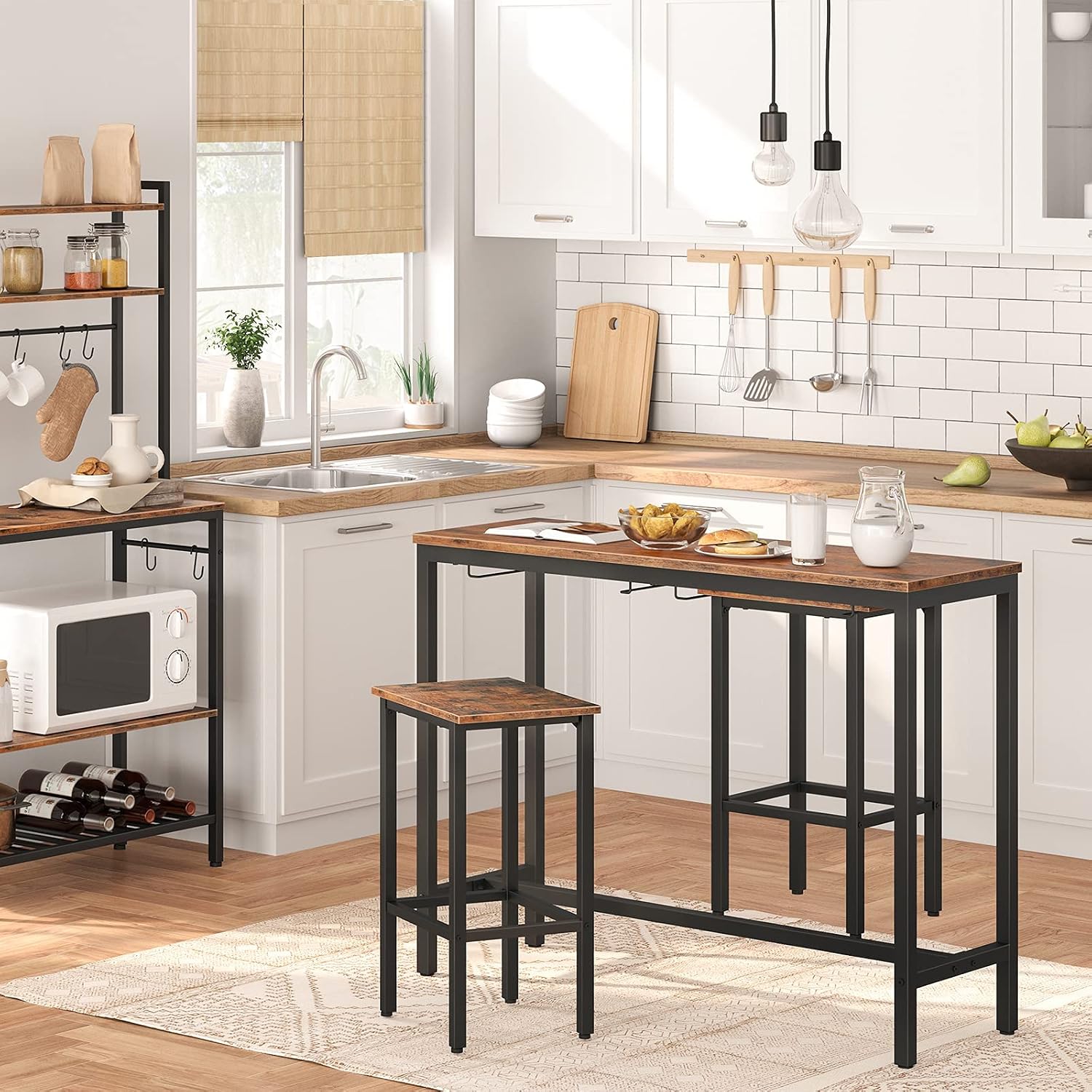 HOOBRO Bar Table Set, Pub Tables Bar Height with Stools Set of 2, Bar Chairs Under Counter Height Table for Small Spaces, Industrial Dining Table Sets for Kitchen, Living Room, Parties BF54BT01
