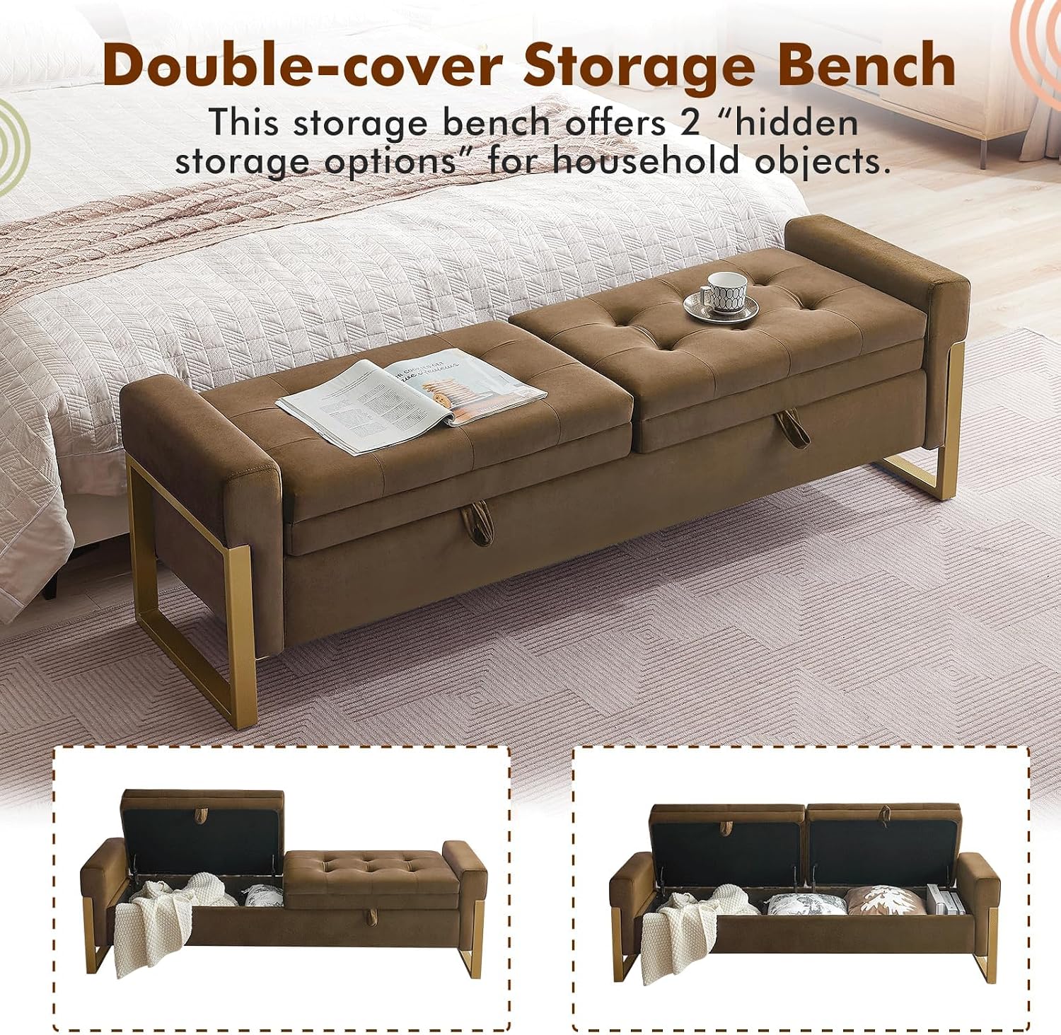 67" Storage Bench for Bedroom, End of Bed Bench King Size, Brown | Double Lids Storage Ottoman Bench with Golden Legs, Upholstered Velvet Bench for Foot of Bed Window Living Room Entryway