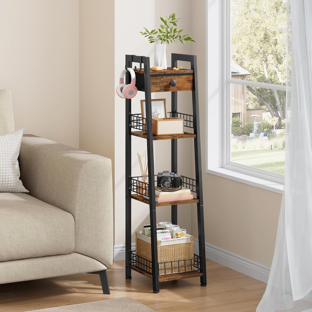 4-Tier Narrow Bathroom Table Ladder Shelf with Drawer, Bathroom Stand Floor Storage Shelf, Freestanding Tower Shelf Ladder -Rustic Brown.
