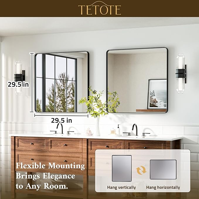 TETOTE Black Bathroom Mirror 30 x 30 Matte Black Metal Framed Vanity Mirror, ...