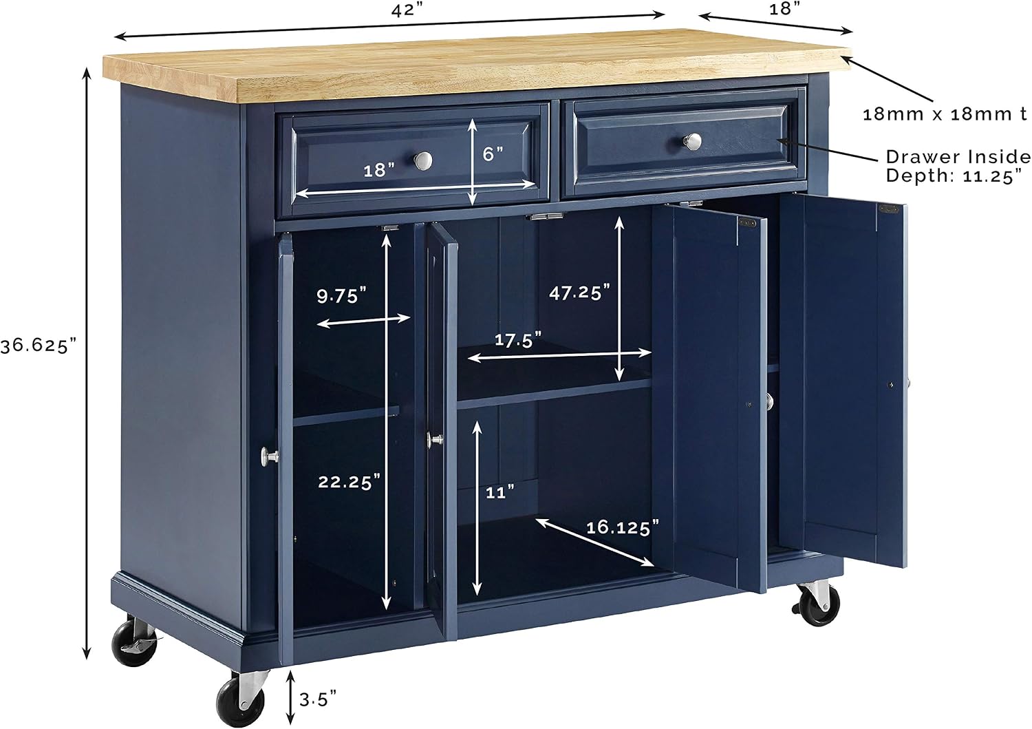 Crosley Furniture Madison Madison Rolling Kitchen Island Cart, Microwave Stand, Coffee Bar, with Shelves and Drawers, Navy