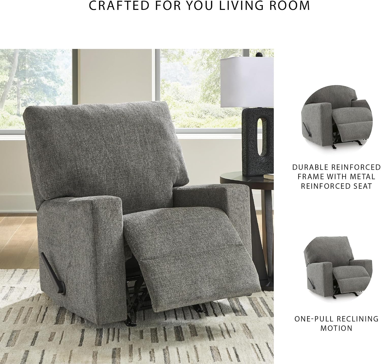 Signature Design by Ashley Revenna Manual Rocker Recliner, Greystone | 100% polyester menswear chenille fabric, Track arm style, Living room and lounge spaces