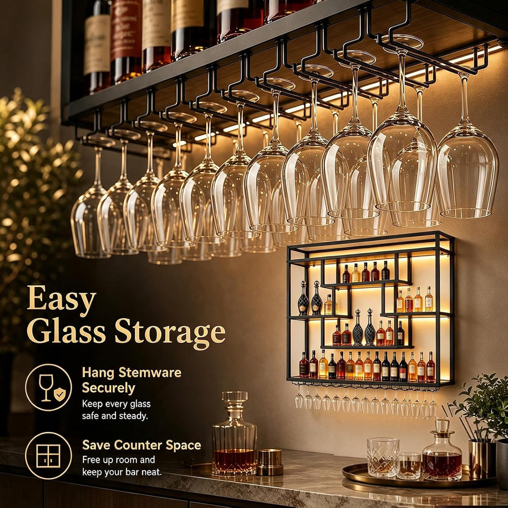 Wall Mounted Wine Rack with LED Lights, Large Industrial Metal Liquor Bottle ...