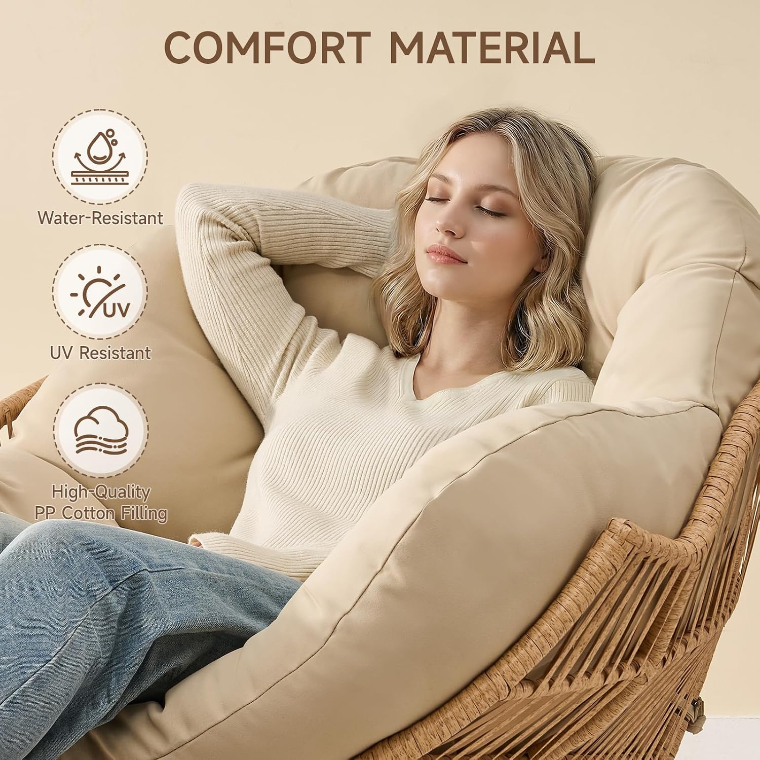 ONBRILL Papasan Rocking Chair with Ottoman, Oversized Papasan Chair, Beige | Indoor & Outdoor Rocker Chair with Padded Cushion for Living Room, Patio, Garden