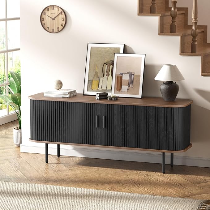 55''W Modern TV Stand Cabinet with Storage for TVs up to 60 Inch, Fluted TV Entertainment Center with Slatted Tambour Doors, Media Console for Living Room, Entryway, Black