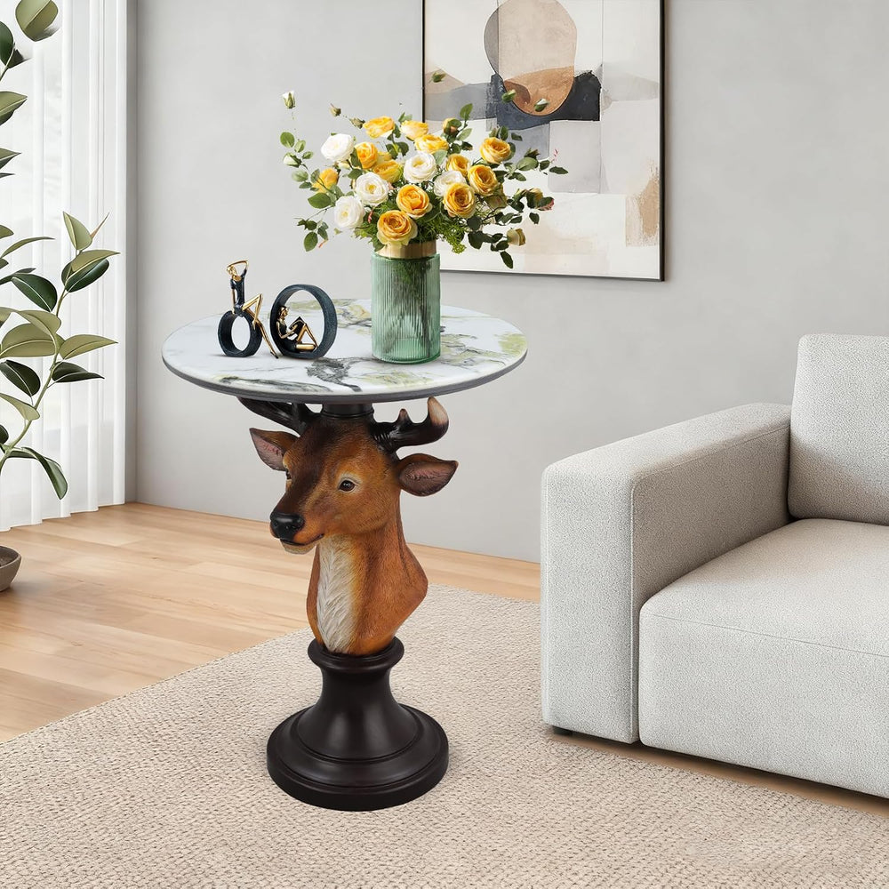 Deer Head Accent Table with Resin Animal Statue, Round Faux Marble End Tables...