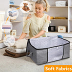 2 Pack Clothes Organizer Storage Bags with Zipper, 45L Foldable Blanket Storage Box with Clear Window Sturdy Handles for Closet, Dorm, Pillows, Bedding, Sweater, Clothing, Gray
