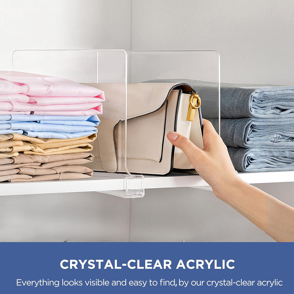 HBlife 10 Pack Clear Shelf Dividers, Vertical Purse Organizer for Closet Perfect for Sweater, Shirts, Handbags in Bedroom and Kitchen, Adjustable Acrylic Bookshelf for Organization