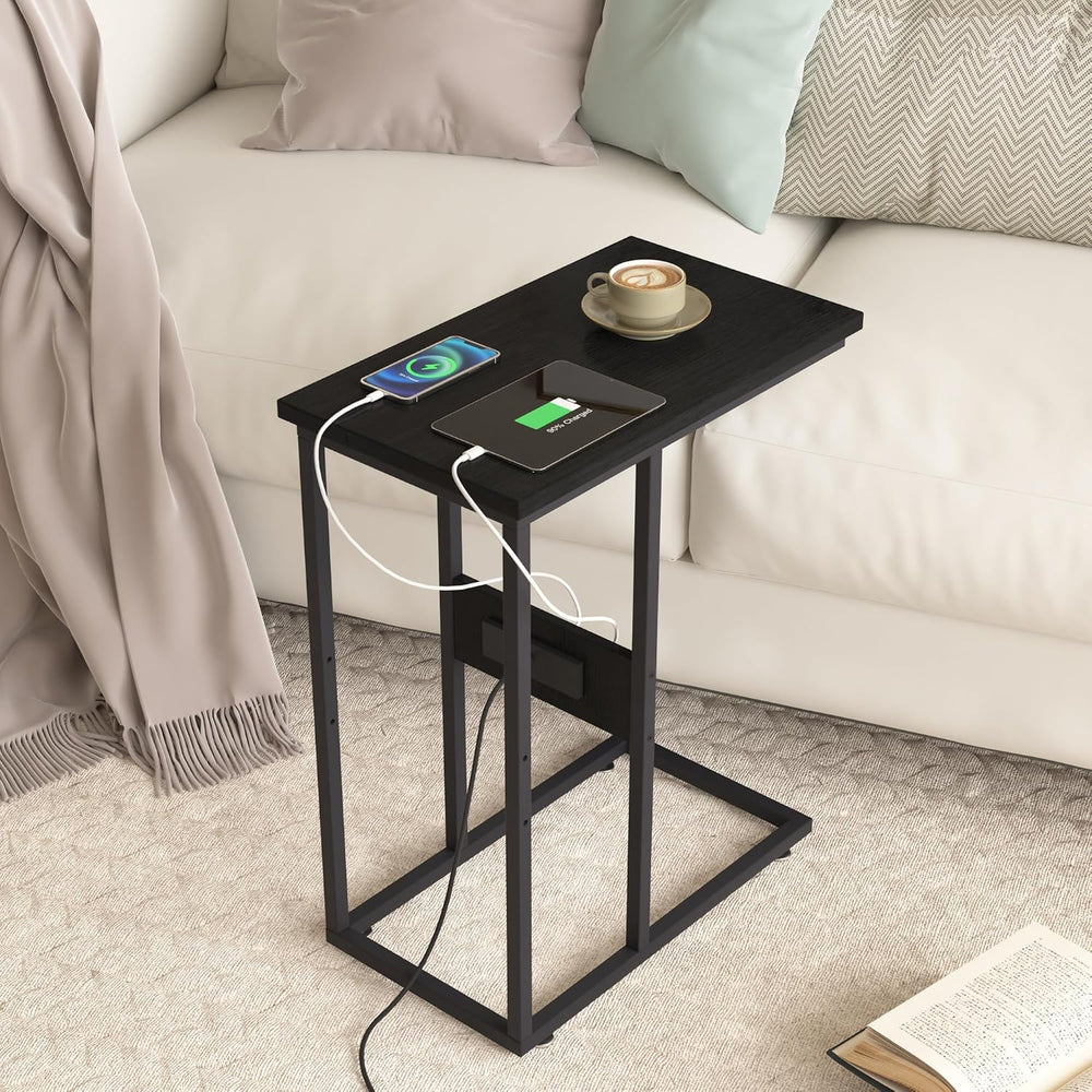 VECELO C Shaped End Table with Charging Station & Power Outlets, Quick Ac...