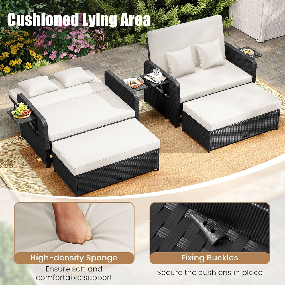 COSTWAY Patio Rattan Daybed with Cushions, Outdoor Wicker Loveseat Sofa with ...