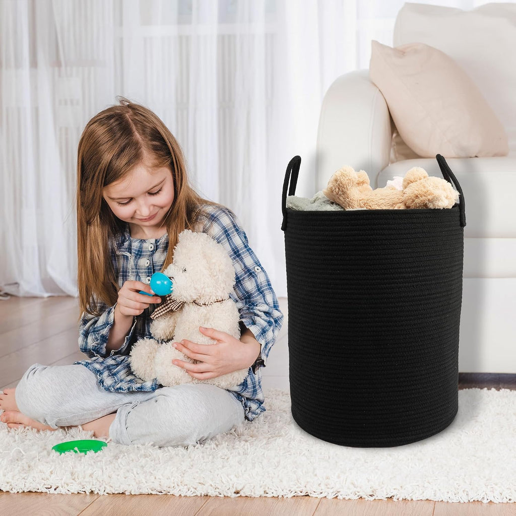 Woven Cotton Rope Laundry Basket, 15" x 20" Laundry Hamper, Black | Rope storage basket for dirty clothes, toys and blankets. Perfect for bathroom, baby nursery and living room storage.