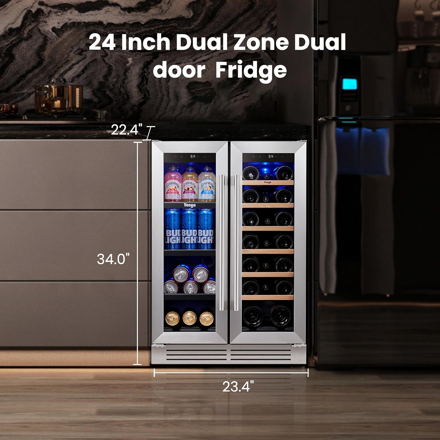 Yeego Wine and Beverage Refrigerator - 24 Inch Dual Zone Wine Fridge 60 Can & 20 Bottle, 36-72°F Cooler Built in Under Counter Fridge with Glass Door for Beer Soda Drink Home Bar Office