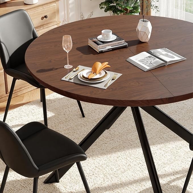 47.2" 5-Piece Round Dining Table Set for 4, Modern Wood Dining Table with 4 Upholstered Chairs, Kitchen & Dining Room Table Set with Metal Base for Apartment, Small Space, Walnut Table+4 Balck Chairs