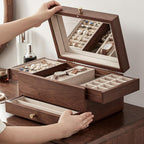 CHOSIN Black Walnut Jewelry Box for Women, 3-Level Multi-functional Organizer with Mirror for Watches, Necklaces, Rings & Earrings Storage Christmas Gifts