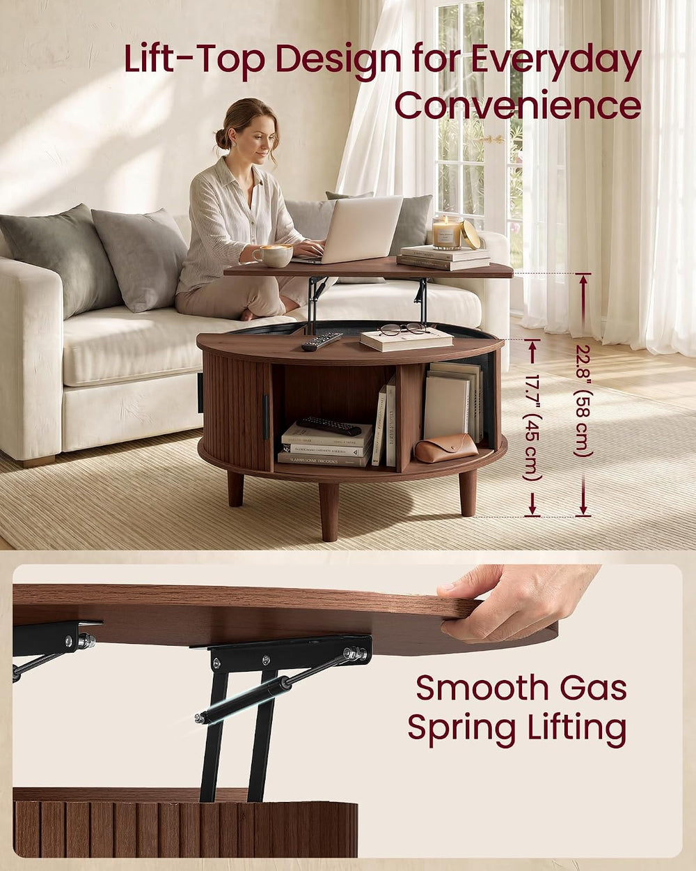 VASAGLE Round Coffee Table, Lift Top Coffee Table with Tambour Sliding Door