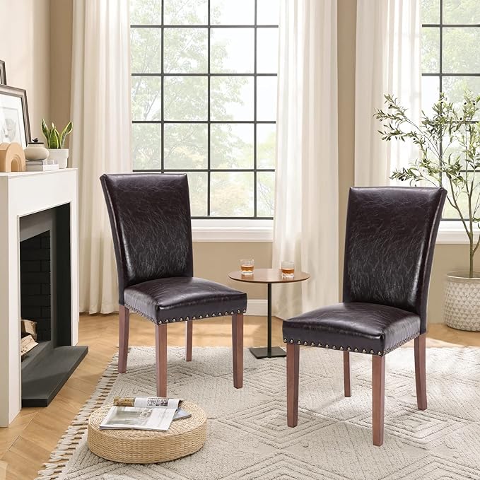 Parsons Dining Chairs Set of 2, Upholstered Nailhead PU Leather Dining Room Kitchen Side Chair with Thick Cushions and Wood Legs, Dark Brown