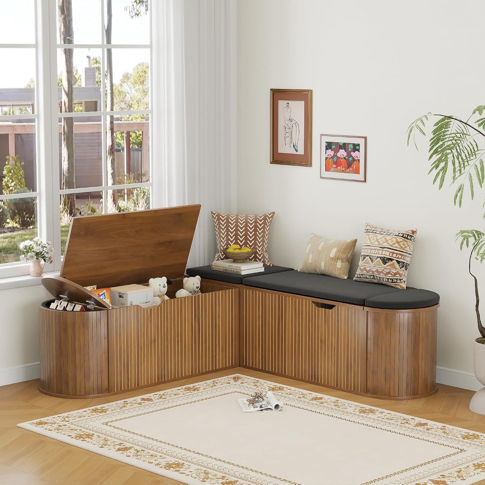 L Shaped Storage Bench with Cushion, Mid Century Modern Corner Dining Bench, ...