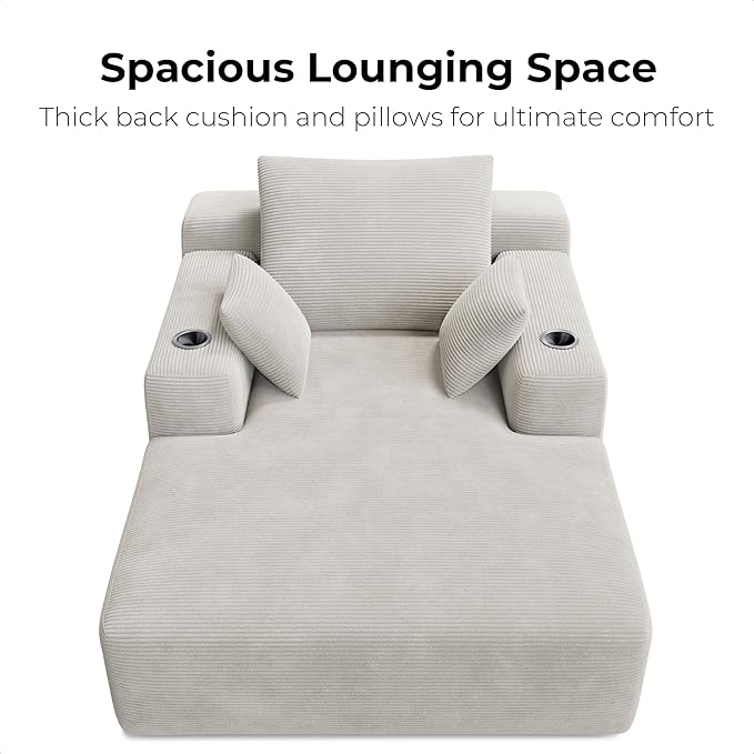 LIKIMIO 71.6" Oversized Chaise Lounge Chair Indoor with Cup Holders & Storage - Corduroy Sofa Bed for Living Room, Reading Nook, or Bedroom, No Assembly Cloud Couch (Greige)