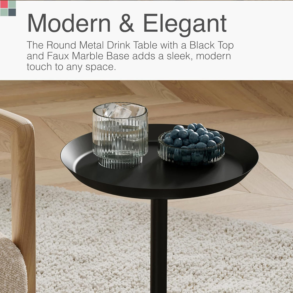 Round Metal Drink Table with Black Top and Faux Marble Base – Small Pedestal ...