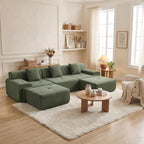 122" U Shaped Boneless Modular Sectional Sofa, Oversized 5-Seater Full Sponge Cloud Couch with Movable Ottoman, Corduroy Upholstery Couches for Living Room, No Assembly, Green