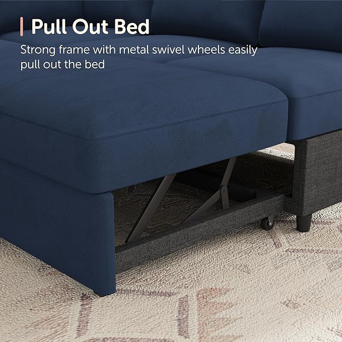 HONBAY Sleeper Sectional Couch with Pull-Out Bed Sectional Sleeper Sofa Pull Out Bed with Storage Chaise, 6 Seaters Couch for Living Room, Velvet Blue