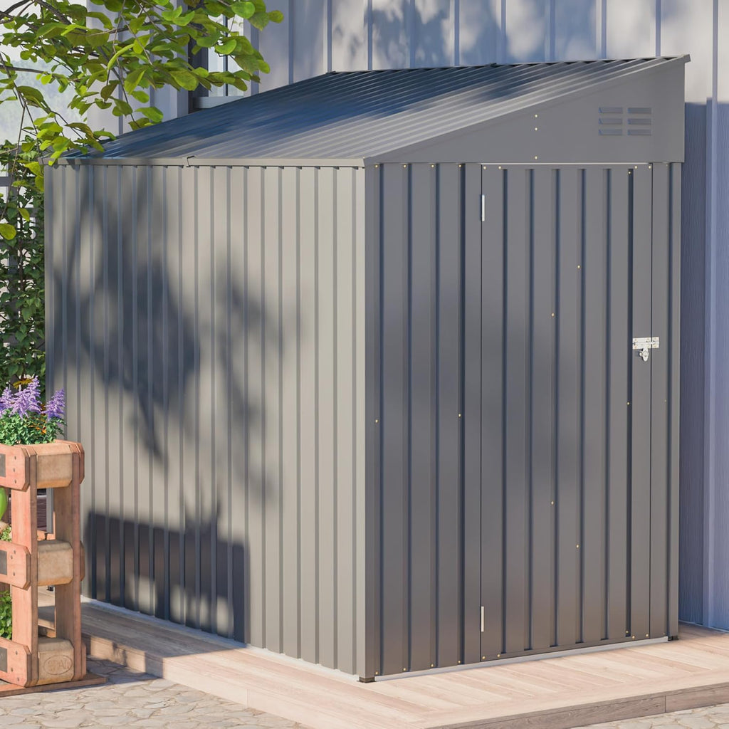 4x7 FT Outdoor Storage Shed,Lean to Lockable Metal Garden Shed Steel with Reinforced Beams,All Weather Waterproof Storage House W/Lockable Door,for Backyard,Patio,Lawn,Garden,Dark Gray