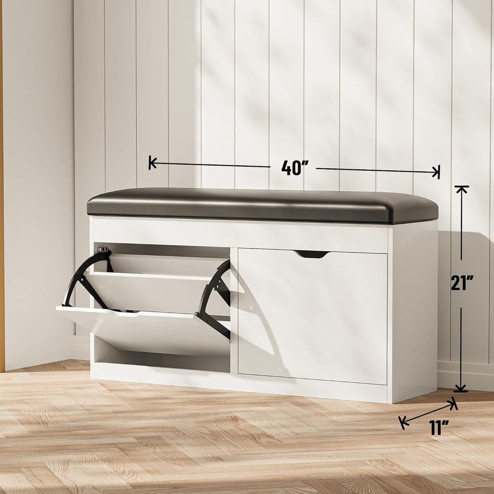 40" Shoe Storage Bench with 2 Flip Drawers & Padded Seat Cushion, Sh...