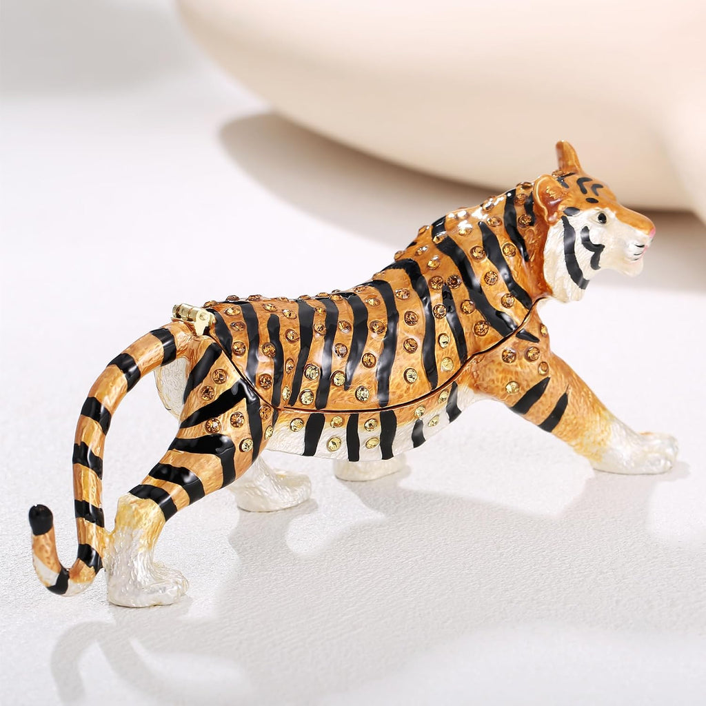 Hand Painted Animal Trinket Box for Home Decor, Hinged Jewelry Organizer Storage, Unique Personalized Collectible Keepsake Figurine Handmade Decorative Ornament Gifts (Tiger)